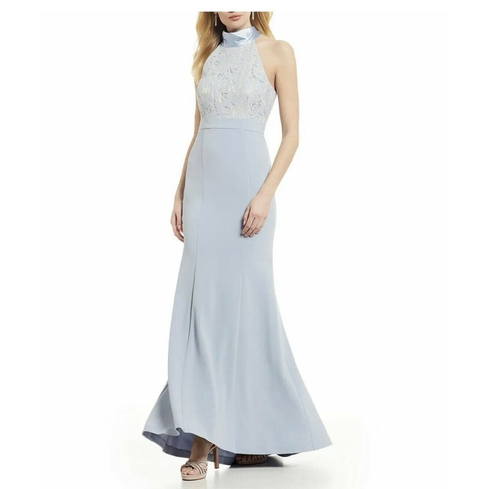 ELIZA J Halter Neck Lace And Crepe Mermaid Gown Size 6 Blue Lined Stretch